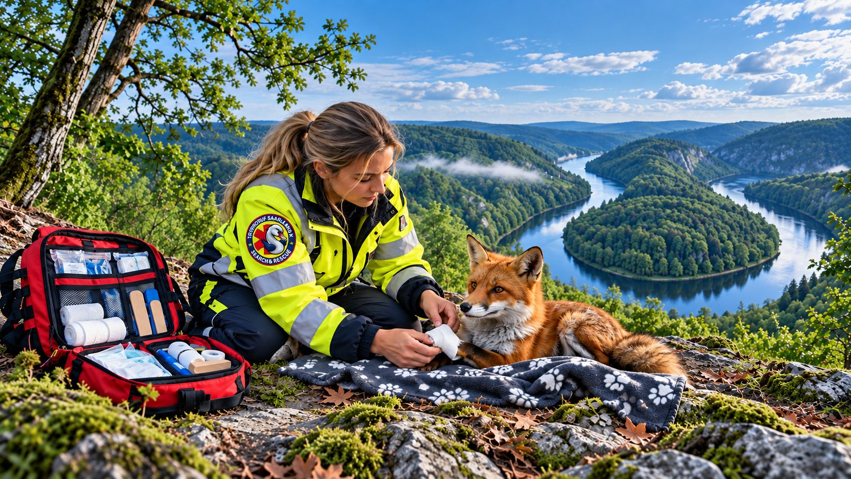 Tierretterin versorgt einen verletzten Fuchs oberhalb der Saarschleife